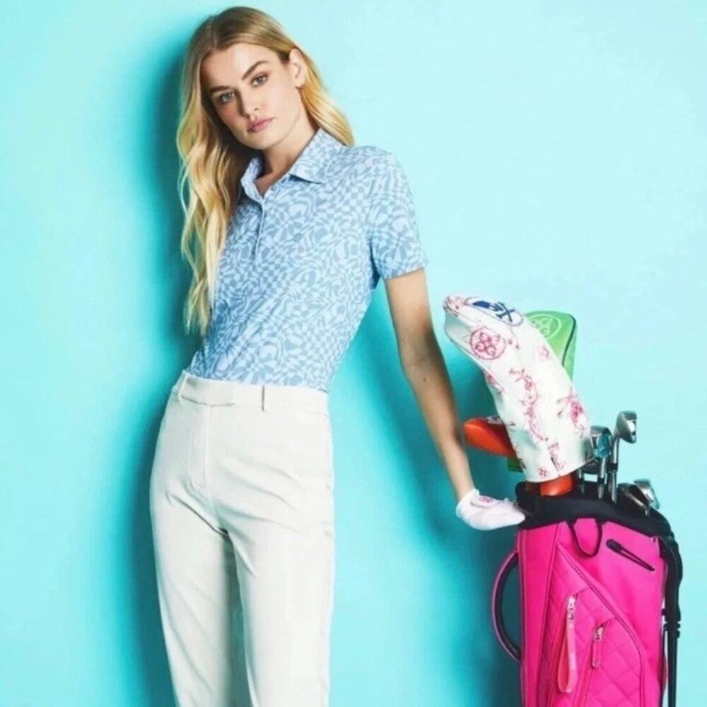 G/FORE Women's Distorted Check Silky Tech Nylon Golf Polo Fjord Blue Sz Small
